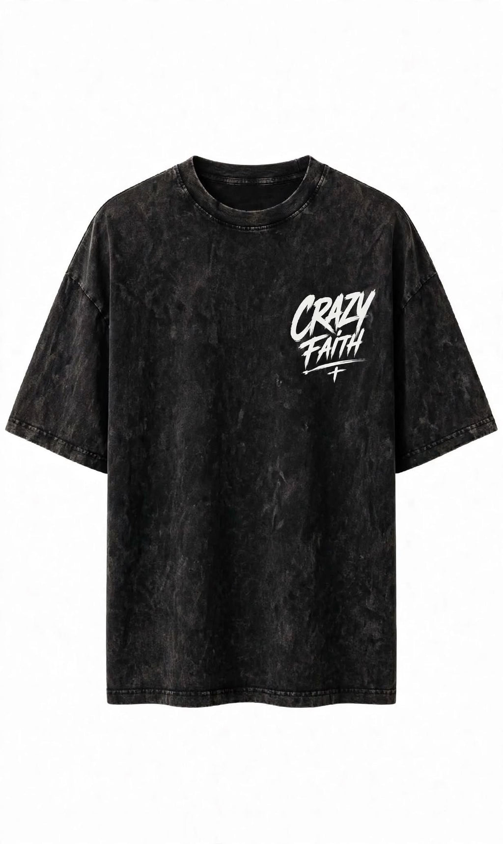 CRAZY FAITH Oversized Tee – Vintage Black Acid Wash