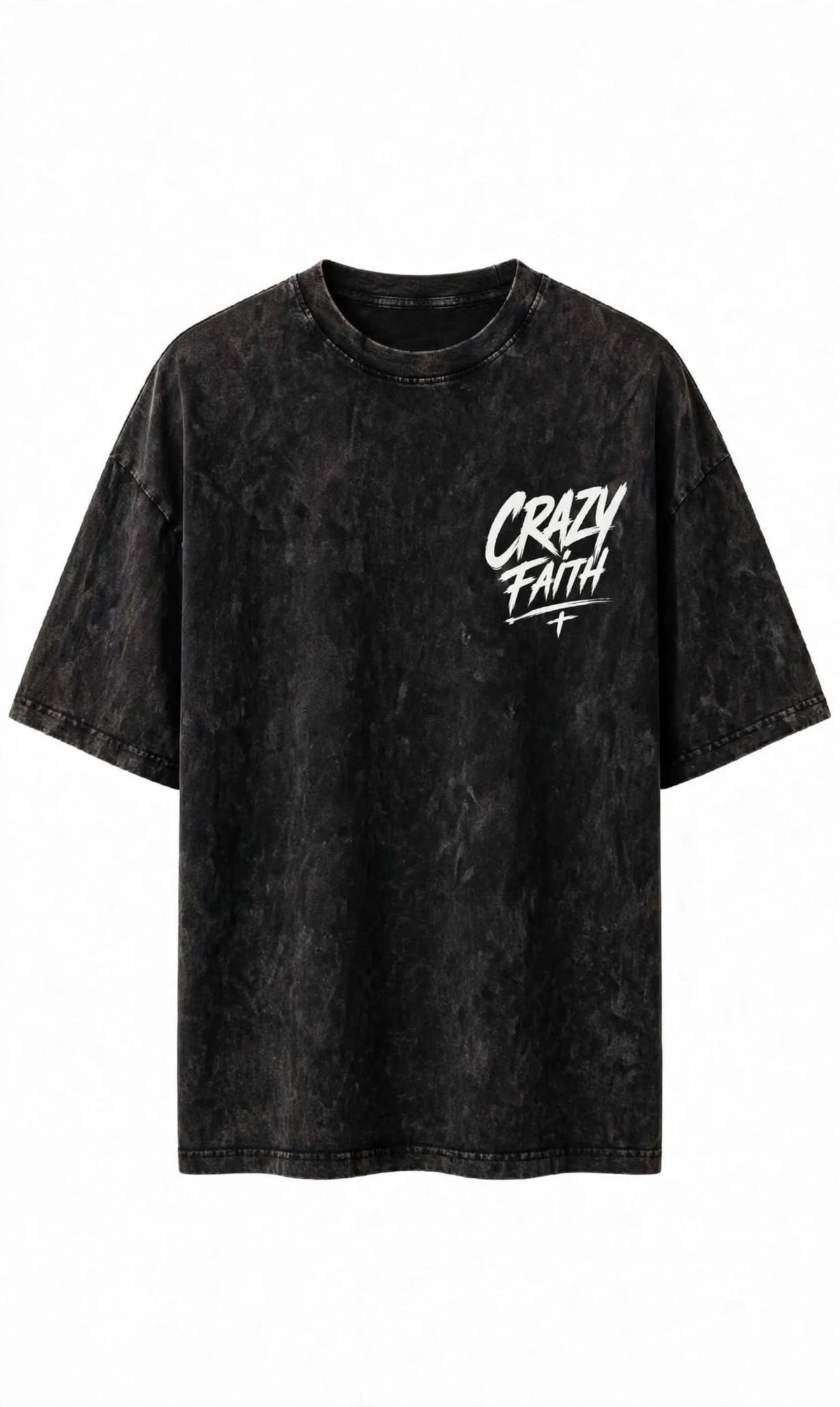 CRAZY FAITH Oversized Tee – Vintage Black Acid Wash